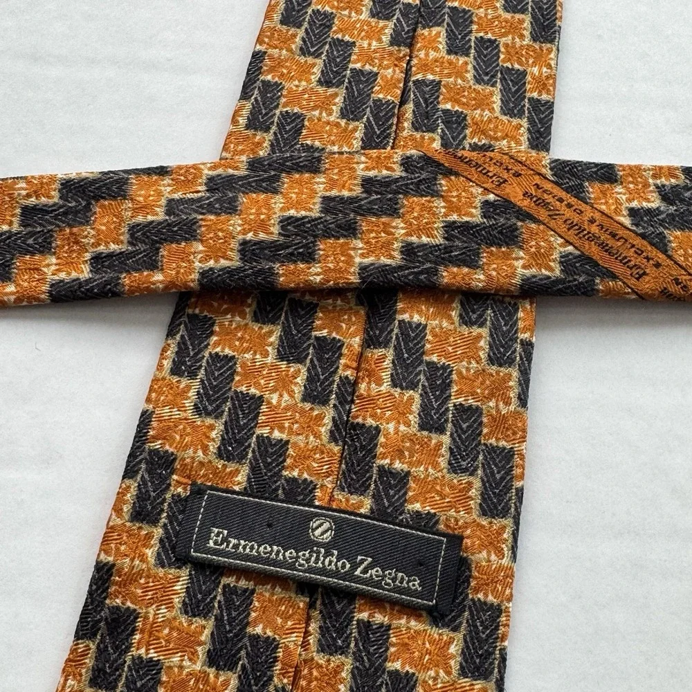 Ermenegildo Zegna Tie Men's Orange Black Houndstooth 100% Silk Made Italy